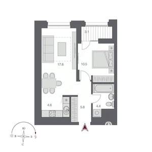 2-к квартира, строящийся дом, 43м2, 12/23 этаж