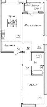 2-к квартира, вторичка, 64м2, 1/15 этаж