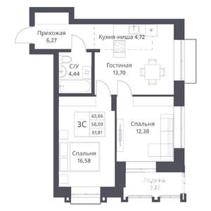 3-к квартира, вторичка, 58м2, 15/18 этаж