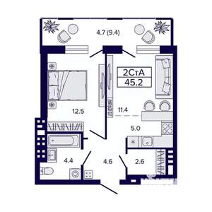 2-к квартира, вторичка, 45м2, 7/23 этаж