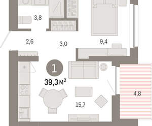 1-к квартира, вторичка, 39м2, 6/12 этаж