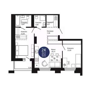 2-к квартира, вторичка, 69м2, 19/20 этаж