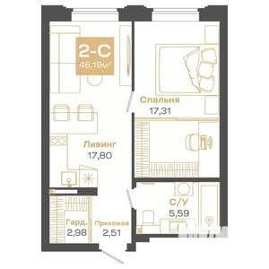 2-к квартира, строящийся дом, 46м2, 20/24 этаж