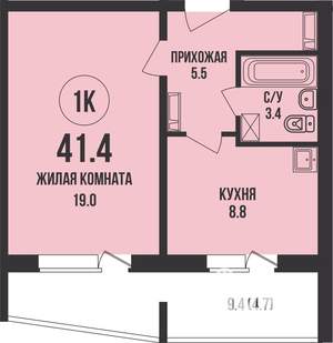 1-к квартира, строящийся дом, 41м2, 4/13 этаж