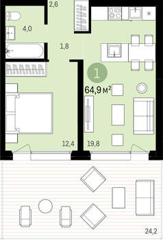 1-к квартира, сданный дом, 41м2, 2/18 этаж