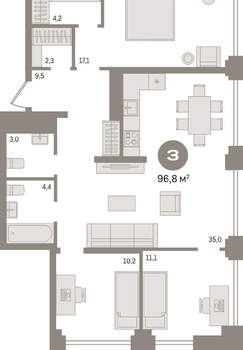 3-к квартира, вторичка, 97м2, 4/30 этаж
