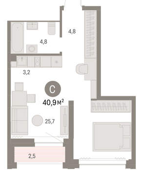 Студия квартира, вторичка, 41м2, 24/30 этаж