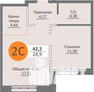 2-к квартира, вторичка, 43м2, 1/25 этаж