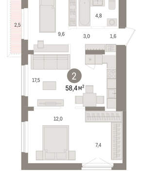 2-к квартира, вторичка, 58м2, 9/15 этаж