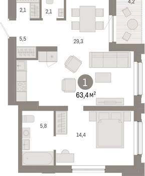 1-к квартира, вторичка, 63м2, 9/17 этаж