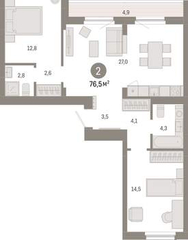 2-к квартира, вторичка, 77м2, 8/12 этаж