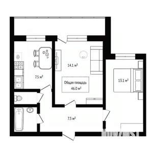 2-к квартира, вторичка, 46м2, 1/10 этаж