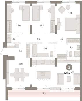3-к квартира, вторичка, 123м2, 8/16 этаж