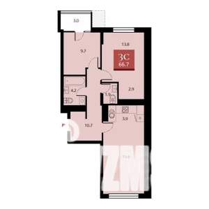 3-к квартира, строящийся дом, 67м2, 4/23 этаж