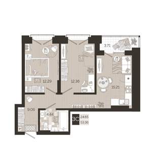 2-к квартира, вторичка, 53м2, 24/25 этаж