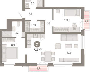 2-к квартира, вторичка, 77м2, 8/23 этаж