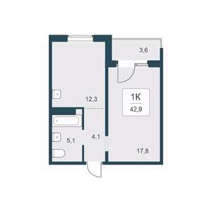 1-к квартира, вторичка, 43м2, 12/17 этаж