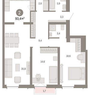 2-к квартира, вторичка, 93м2, 4/23 этаж