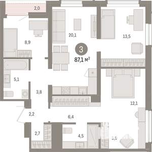 3-к квартира, вторичка, 87м2, 12/15 этаж