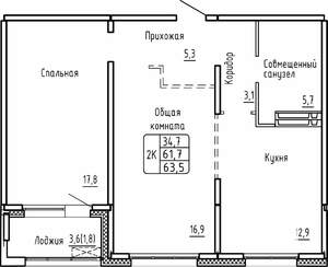 2-к квартира, строящийся дом, 64м2, 14/17 этаж
