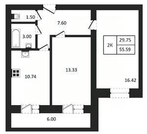 2-к квартира, вторичка, 56м2, 10/12 этаж