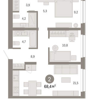 2-к квартира, вторичка, 68м2, 1/15 этаж