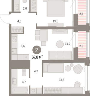 2-к квартира, вторичка, 67м2, 23/30 этаж
