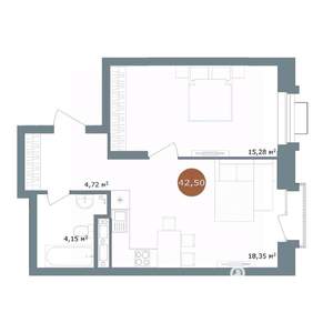 1-к квартира, строящийся дом, 43м2, 10/15 этаж