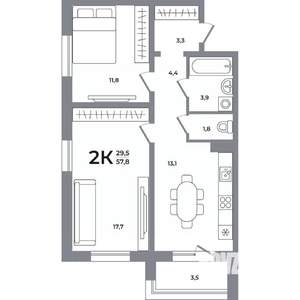 2-к квартира, вторичка, 58м2, 4/17 этаж