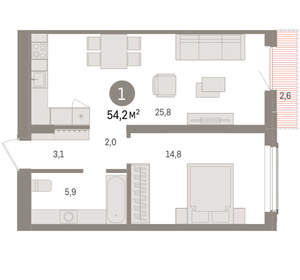 1-к квартира, вторичка, 54м2, 10/15 этаж