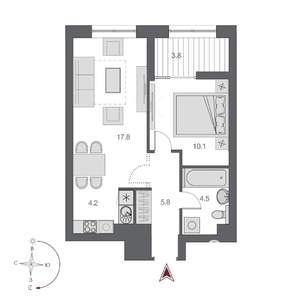 2-к квартира, строящийся дом, 42м2, 14/21 этаж