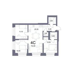 4-к квартира, вторичка, 72м2, 3/25 этаж