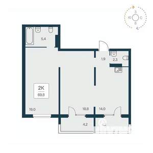 2-к квартира, вторичка, 69м2, 17/17 этаж