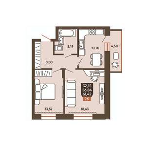 2-к квартира, вторичка, 61м2, 4/19 этаж