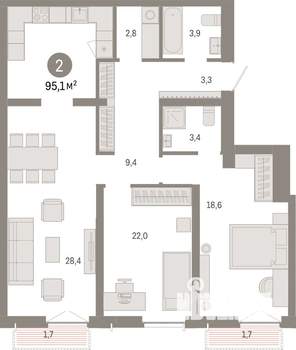 2-к квартира, вторичка, 95м2, 5/14 этаж