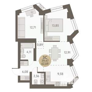 3-к квартира, вторичка, 63м2, 24/31 этаж