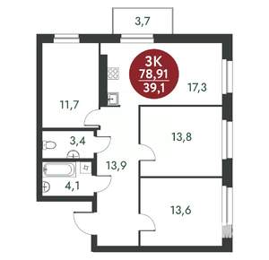 3-к квартира, вторичка, 79м2, 2/10 этаж