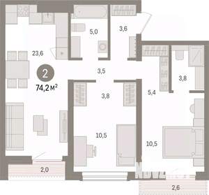 2-к квартира, вторичка, 74м2, 11/14 этаж