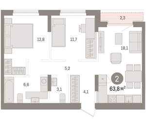 2-к квартира, вторичка, 64м2, 9/15 этаж