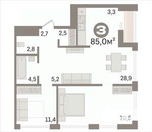 2-к квартира, вторичка, 85м2, 19/30 этаж