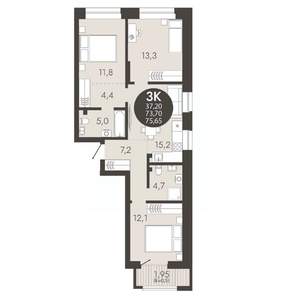 3-к квартира, сданный дом, 76м2, 2/18 этаж