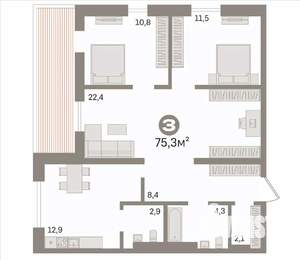 3-к квартира, вторичка, 75м2, 7/17 этаж