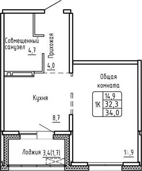1-к квартира, строящийся дом, 34м2, 12/17 этаж