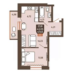 2-к квартира, вторичка, 48м2, 5/19 этаж