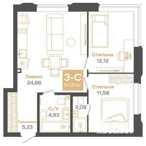 3-к квартира, строящийся дом, 61м2, 2/24 этаж