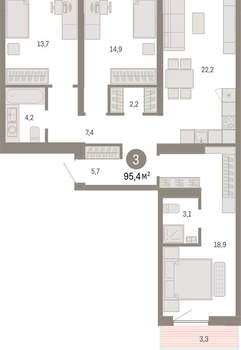 3-к квартира, вторичка, 95м2, 5/15 этаж