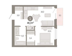 1-к квартира, вторичка, 46м2, 5/24 этаж