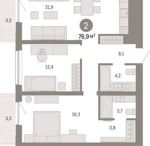 2-к квартира, вторичка, 77м2, 3/15 этаж