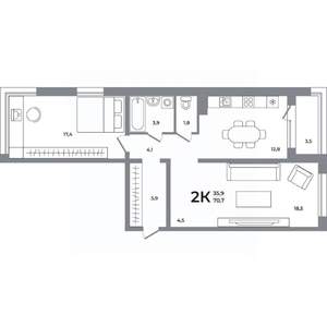 2-к квартира, вторичка, 70м2, 8/12 этаж
