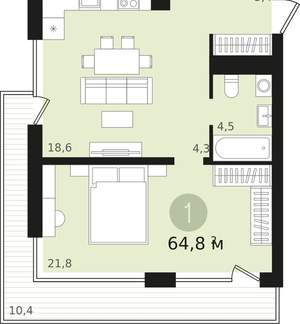 1-к квартира, сданный дом, 55м2, 7/18 этаж